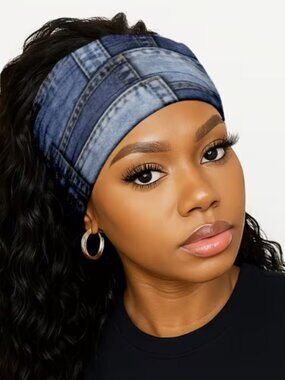 Blue Jean Style Flat  Headband with Elastic Band. Flat 2D Design,Everyday Wear.